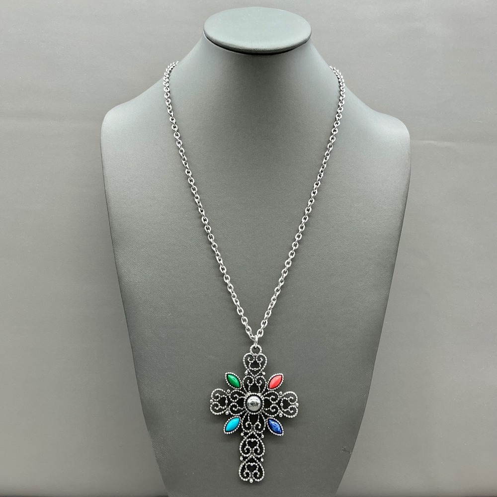 Avon Cross Necklace Women Silver Filigree Multi-Color Stones Vintage Jewelry